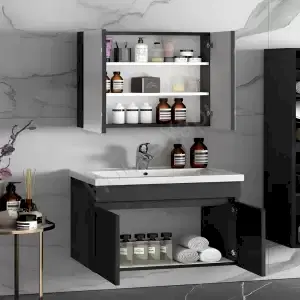 Banyo Dolabı 80 cm Antrasit Tam Camlı Full Mdf resim 2